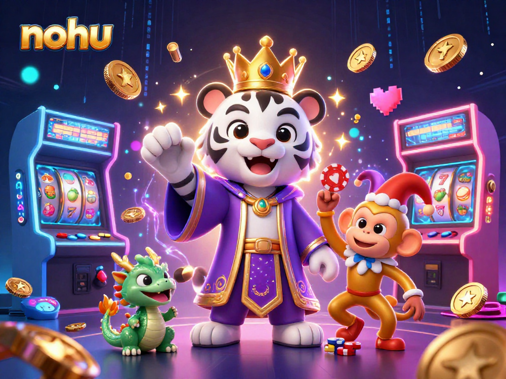 Nohu features a playful scene of slot games with a white tiger, monkey, and dragon symbolizing casino excitement.