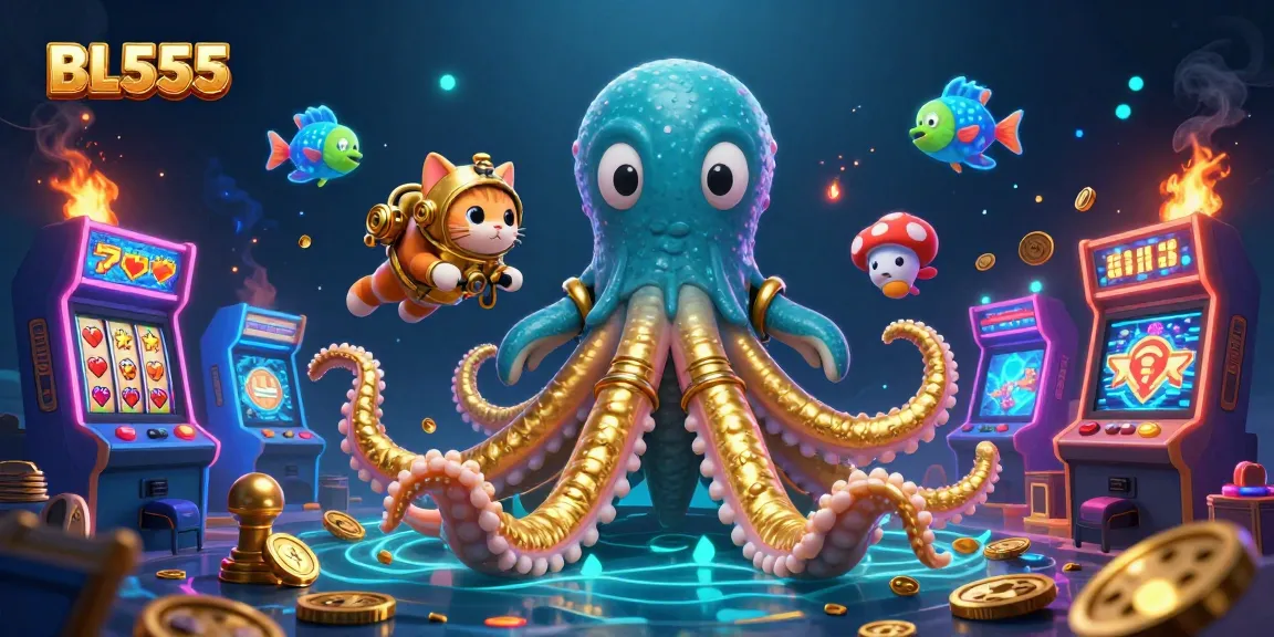 Engage with thrilling games at BL555, featuring a kraken and diving cat, showcasing vibrant casino elements.