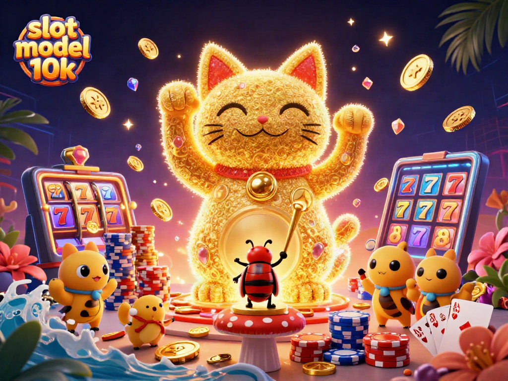 Engage with slot modal 10k, featuring a vibrant lucky cat and dazzling casino symbols.
