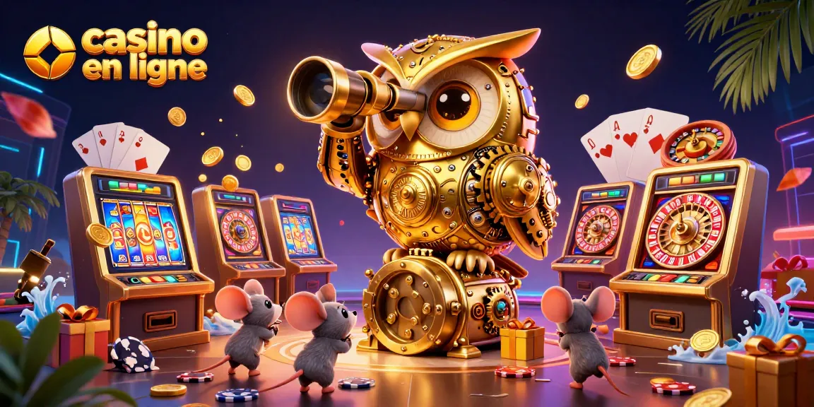 Profitez de jeux passionnants au casino en ligne avec une illustration dynamique d'un hibou doré.