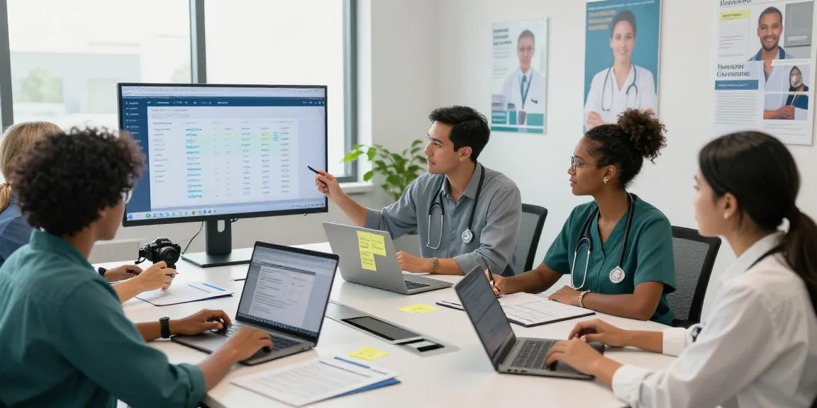 Sovereign Revenue healthcare professionals collaborating on revenue cycle management in a modern office setting