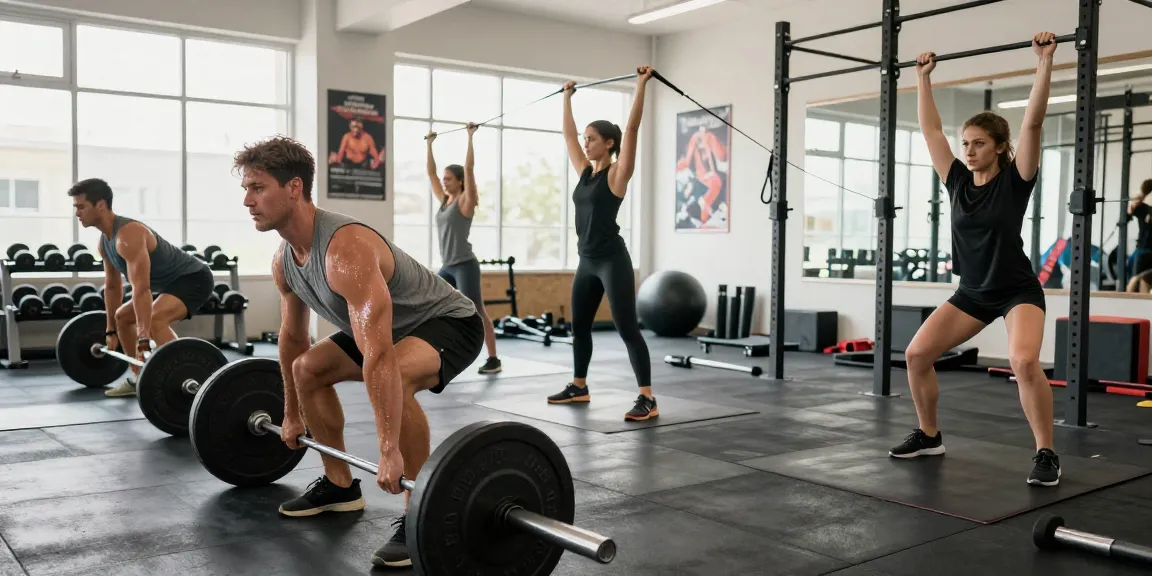 Group of athletes training at the Deus Medical Shop gym, showcasing strength and dedication in a bright, energetic atmosphere.