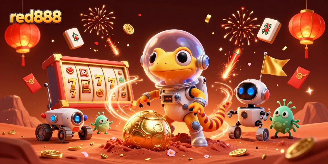 Experience the excitement of red888 with a Martian gecko discovering a golden casino in a vibrant celebration.