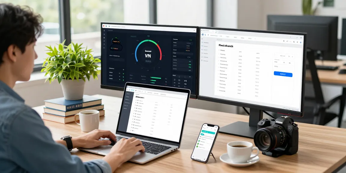 快连 software in use on a laptop in a modern tech workspace, dual monitors displaying analytics for effective network acceleration.