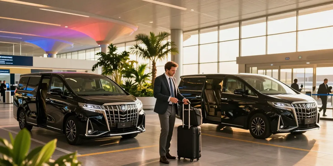 Luxury airport drop off Dubai with a sophisticated traveler checking in at a modern terminal.