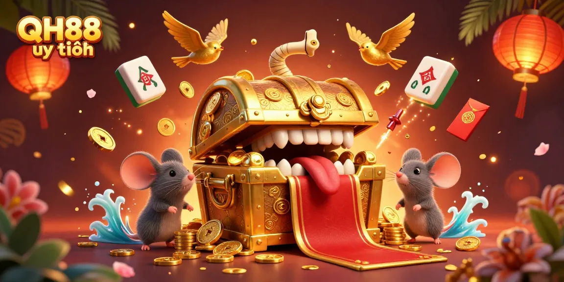 Experience the excitement of QH88 uy tín as golden treasures lure adventurous players amidst vibrant casino elements.