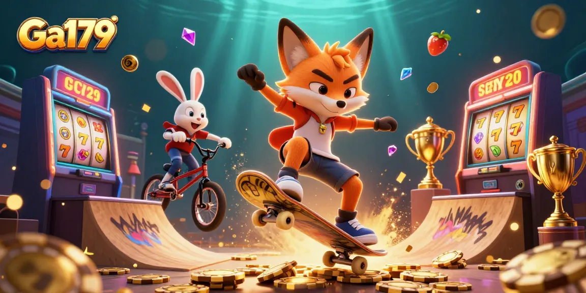 Engage with exciting games on Ga179 with a 3D fox skateboarder over golden poker chips.