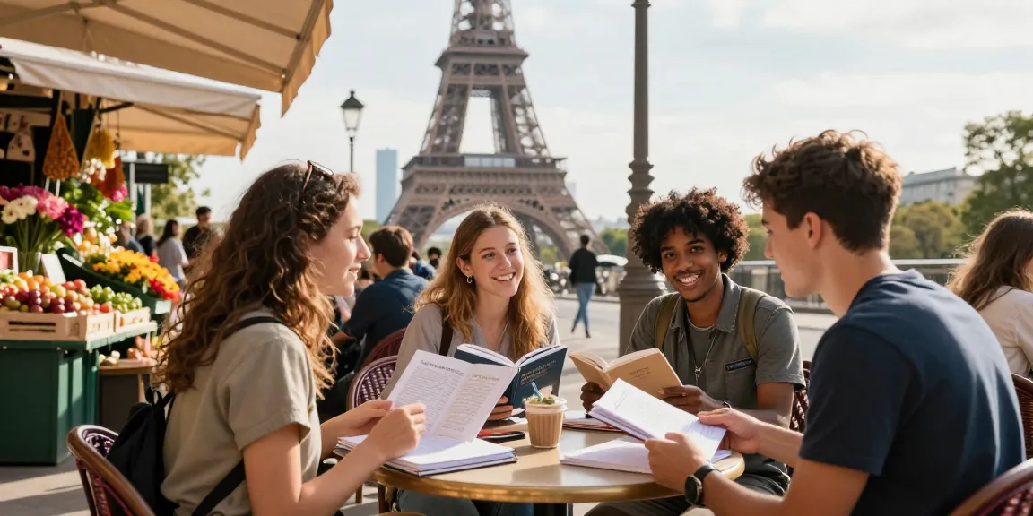Studenten, die an einer Caféterrasse an Französischkursen in Frankreich teilnehmen und in die lebendige Kultur mit Büchern und Notizen eintauchen.