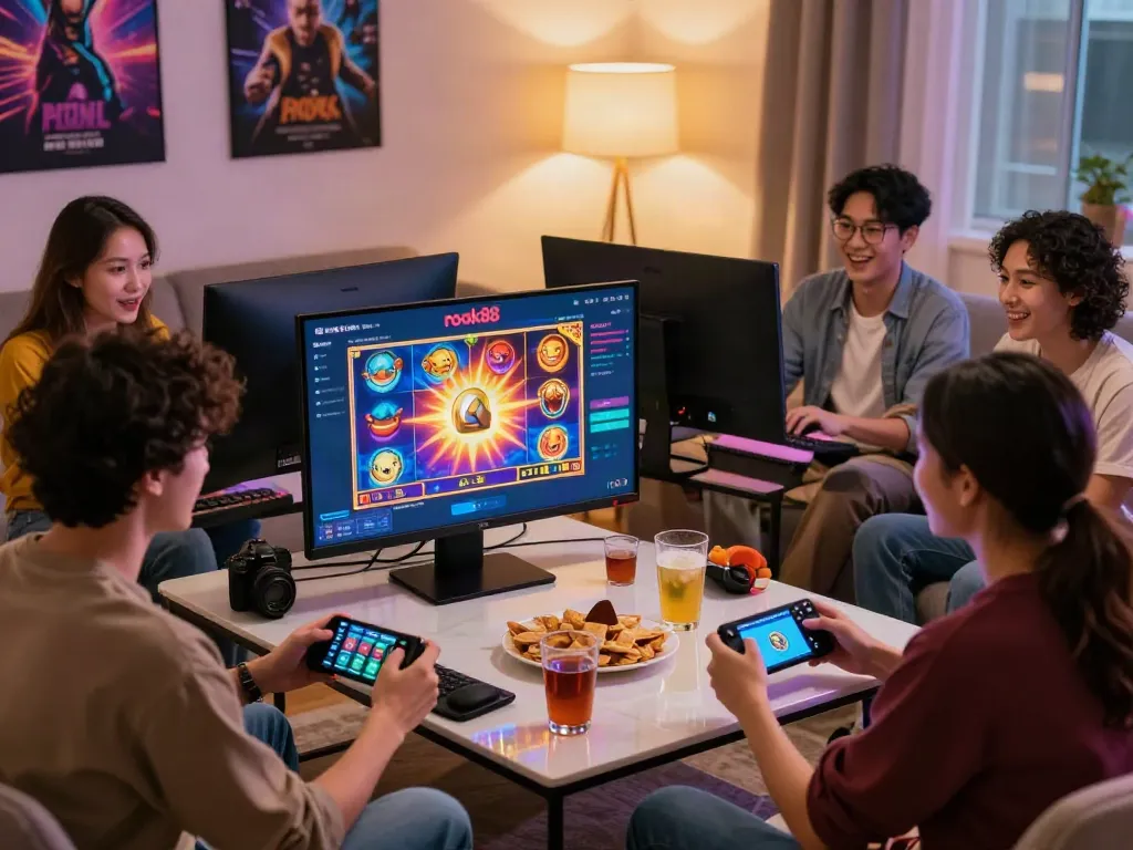 Friends enjoying gaming together with rokok88 slot login on screen, lively atmosphere, snacks, and excitement.