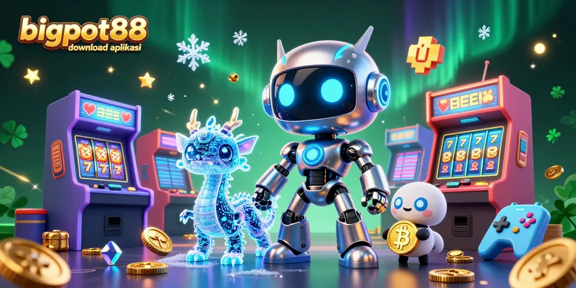Join the exciting adventure with bigpot88 download aplikasi featuring a vibrant 3D casino scene filled with game machines and animated characters.