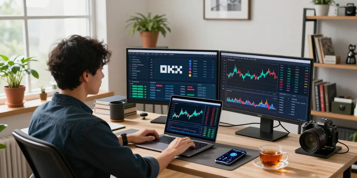 Engaging scene showcasing OKX Exchange reviews with a trader using multiple screens in a modern office.