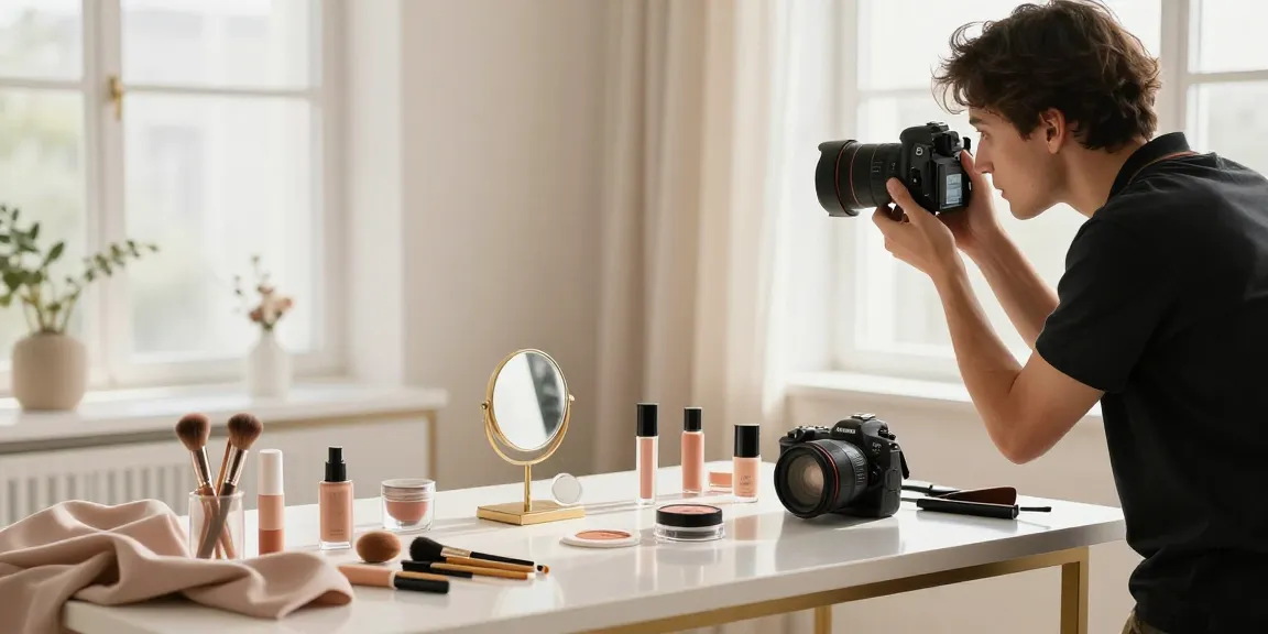 Fotografo di prodotti a Milano mentre cattura immagini di cosmetici in uno studio professionale.