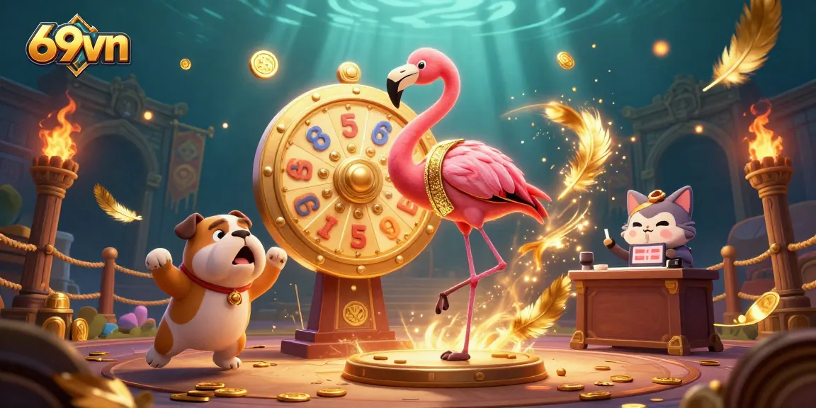 Engage with 69vn gaming excitement as a flamingo spins a prize wheel while a bulldog cheers.