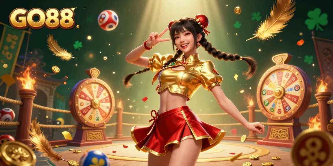 Engage in epic wins at GO88 with a vibrant female dealer among colorful game symbols.