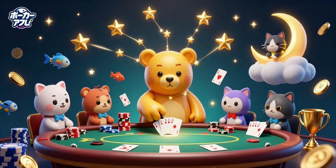 ポーカーアプリで遊ぶための楽しいキャラクターたちが織りなす賑やかなシーン。