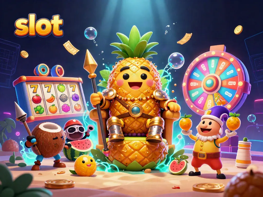 Menyaksikan slot yang penuh warna dengan karakter kartun raja nanas emas dan jester di kasino pantai.