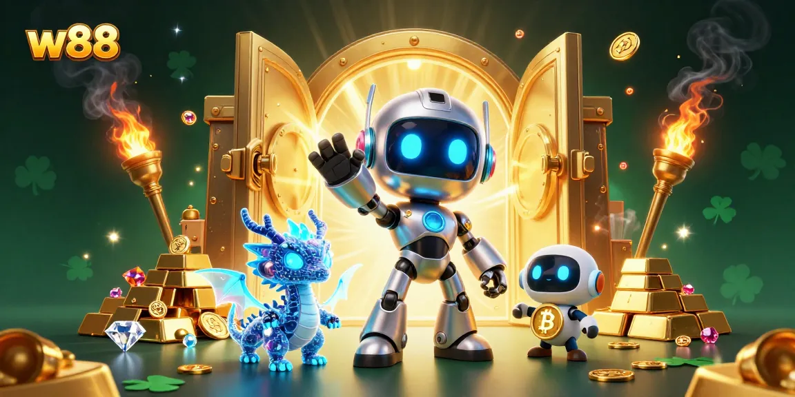 Người chơi cá cược tại w88 với robot và rồng AI trong không gian huyền ảo đầy vàng và đá quý.