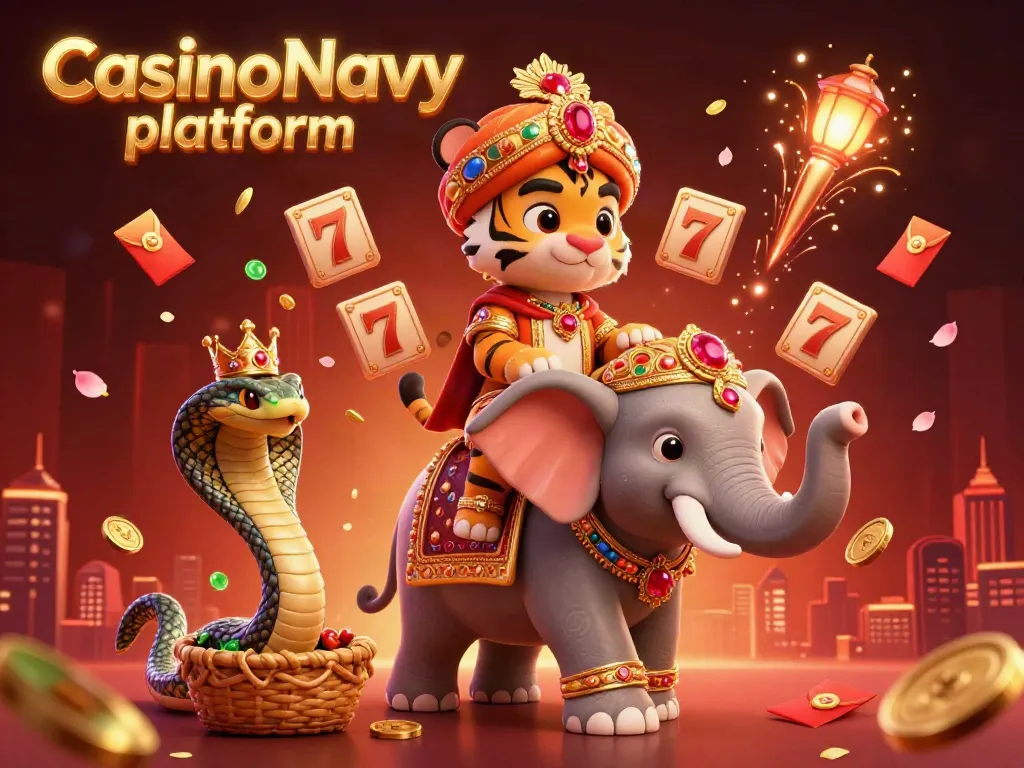 Experience the vibrant CasinoNavy platform with a majestic 3D rendering of a tiger and an elephant in a glowing casino scene.