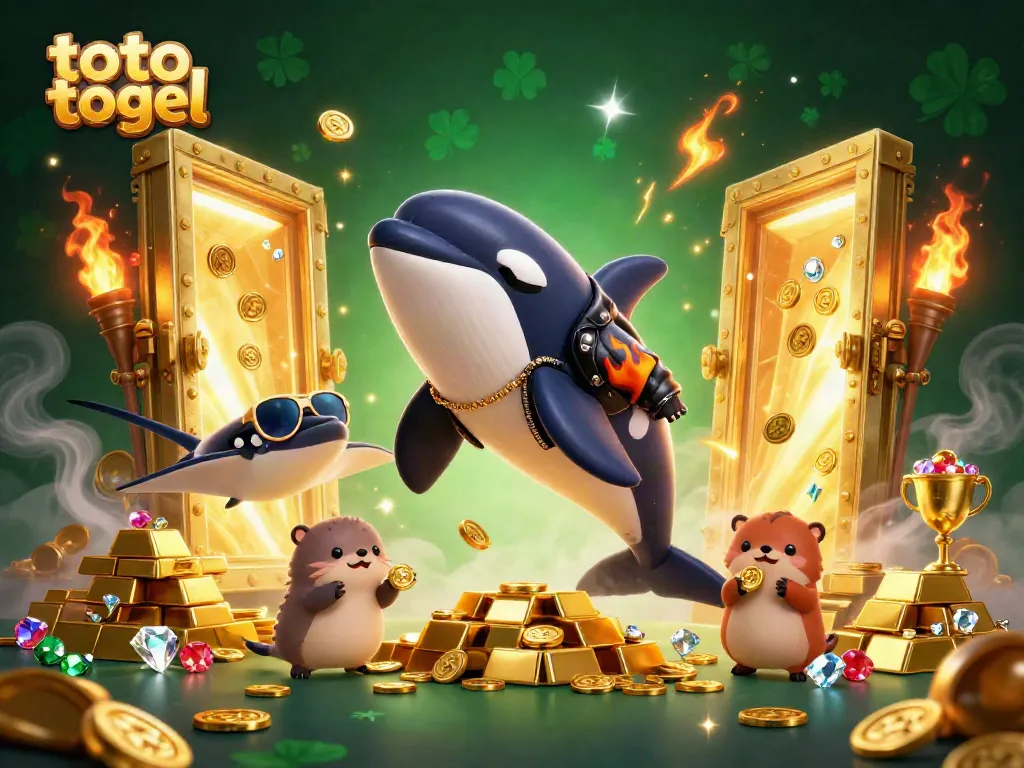 Experience thrilling toto togel action with a dynamic scene featuring an orca whale, stingray, and sea otters surrounded by golden treasures.