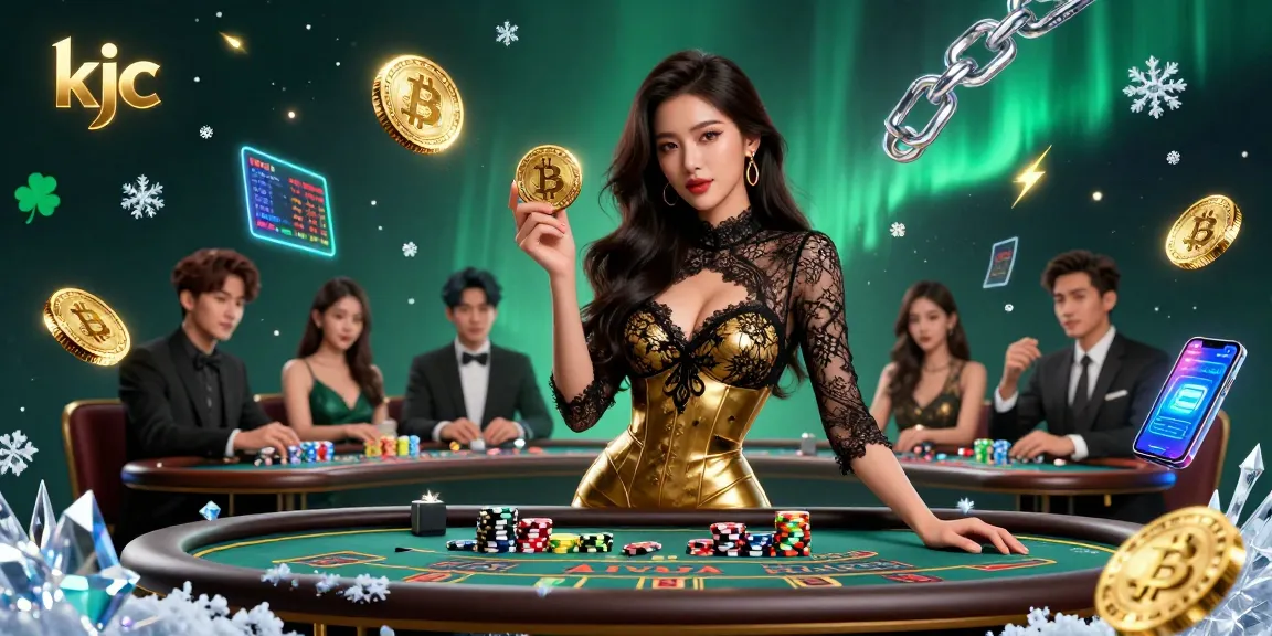 Experience high-stakes gameplay at KJC with vibrant casino visuals and dynamic crypto elements.