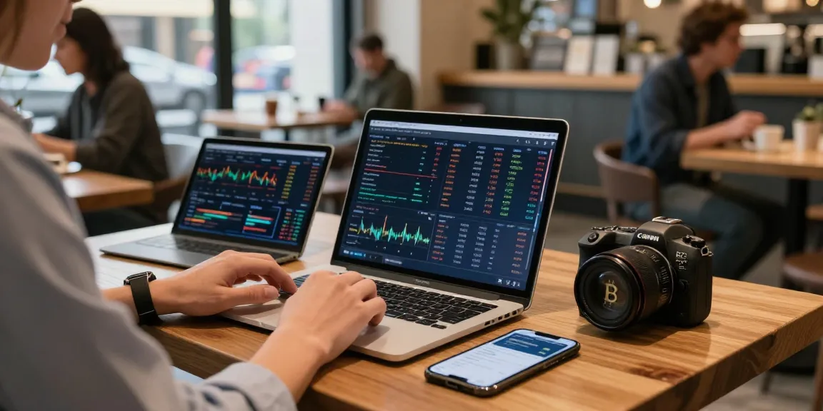Funexchange offers a cozy yet professional crypto trading environment in a coffee shop with screens displaying Bitcoin market data and blockchain insights.
