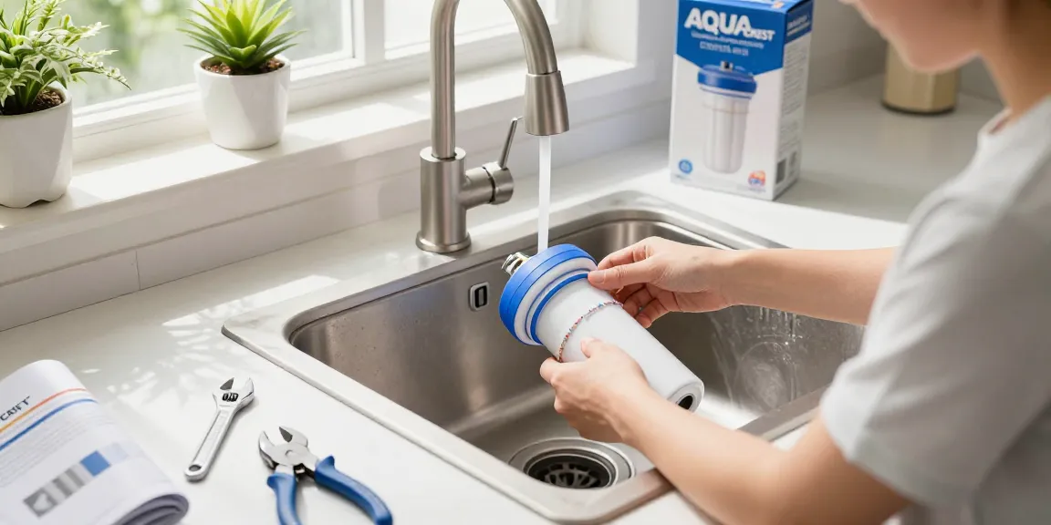 AQUA CREST GXRTDR Inline Water Filter installation in a bright kitchen, showing a user focused on water quality improvements.