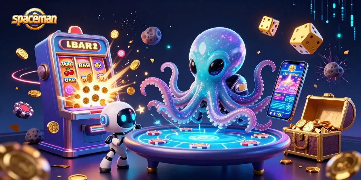 spaceman octopus playing interactive slot machine, with jackpots exploding and vibrant casino elements