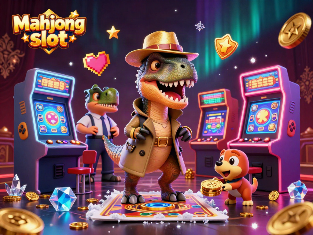 Engage with mahjong slot excitement as a clever velociraptor counts cards at a vibrant casino.