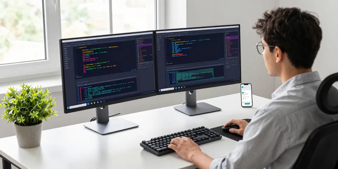 快连 developer working in a tech workspace with dual monitors and coding tools