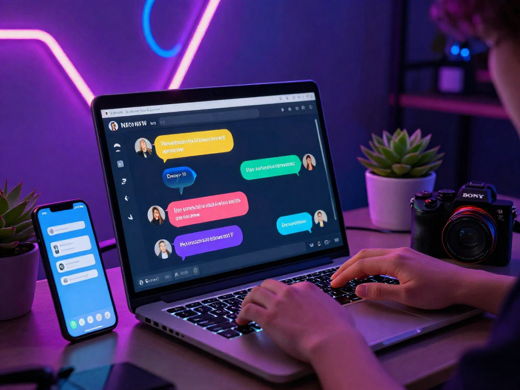 Engaging user with AI NSFW chat on a laptop, vibrant digital interface, modern workspace.