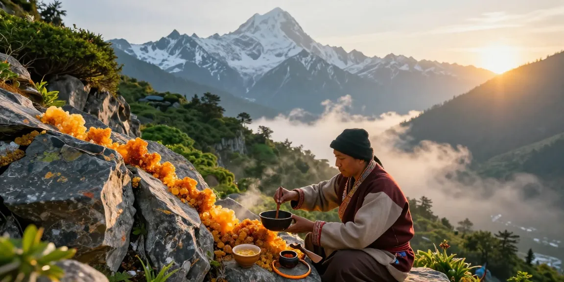 Harvesting himalayan shilajit resin at sunrise in the Himalayas.