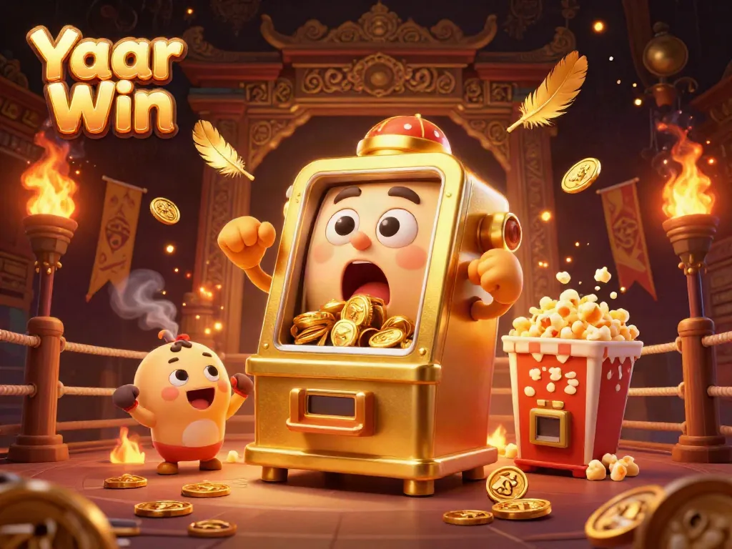 Actions in Yaar Win include a golden slot machine hitting a jackpot, surrounded by celebratory elements, perfect for gambling.