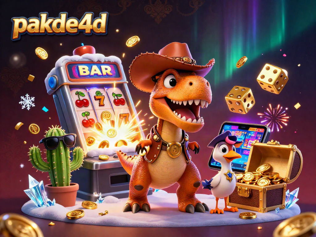 Join the excitement with pakde4d at a vibrant casino scene featuring a dinosaur and friends.