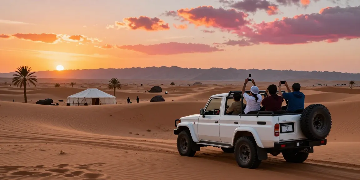 Adventurer driving a 4x4 through desert dunes at sunset, showcasing slot in the adventure.
