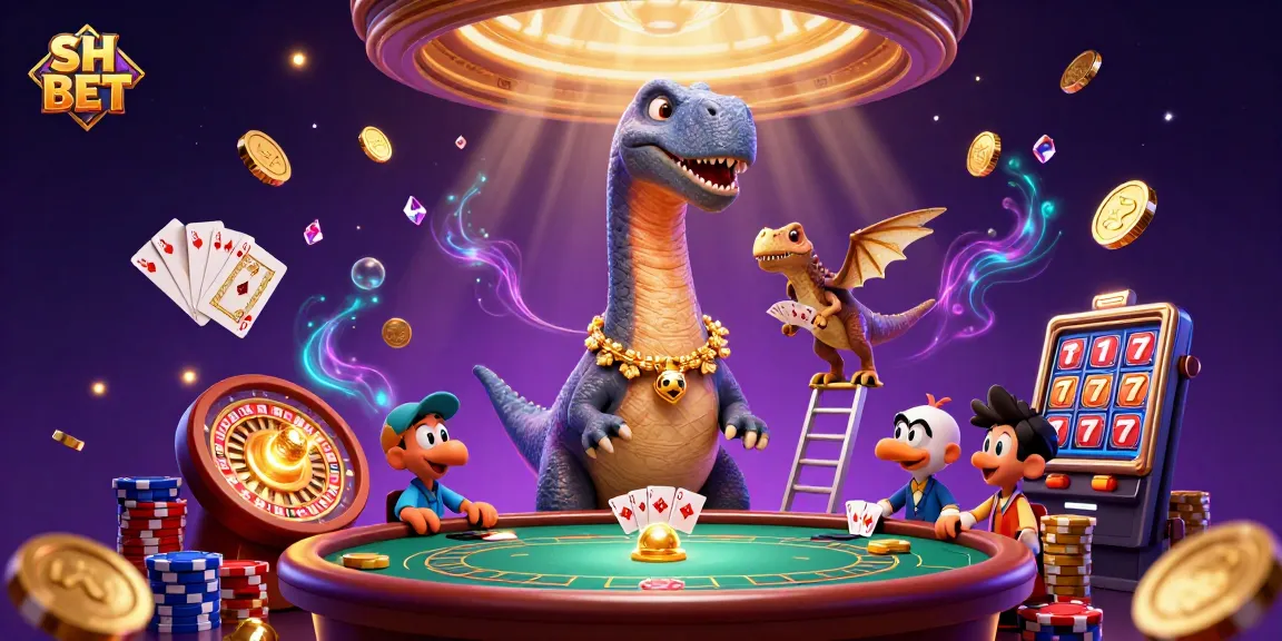 Experience thrilling games at SH BET casino with vibrant brontosaurus and raptor dealer illustration