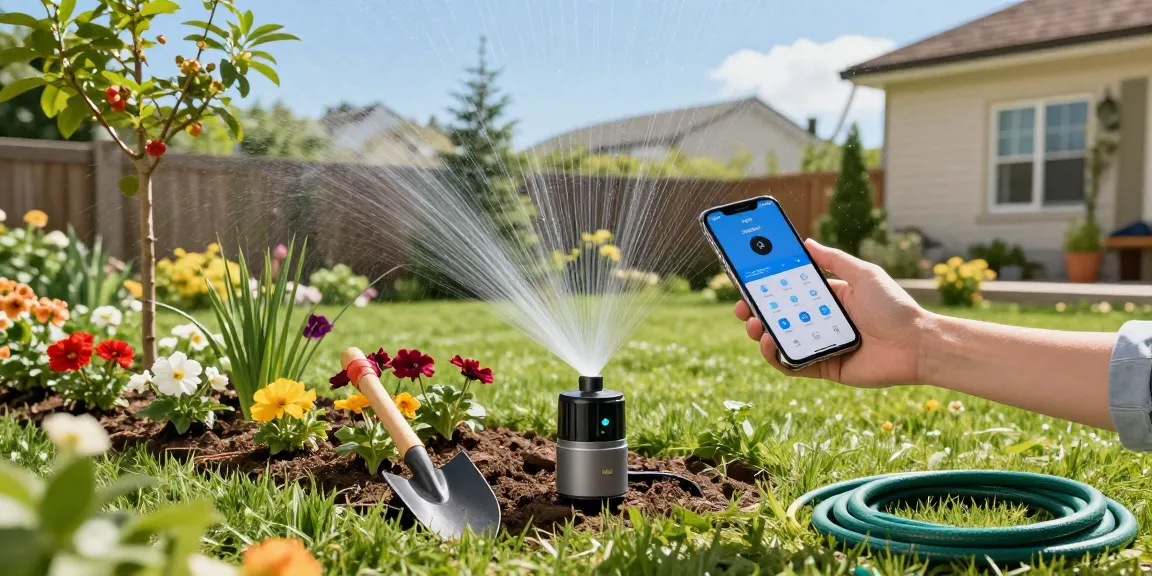 Person installing a rainpoint water timer in a flourishing garden, showcasing advanced irrigation technology.