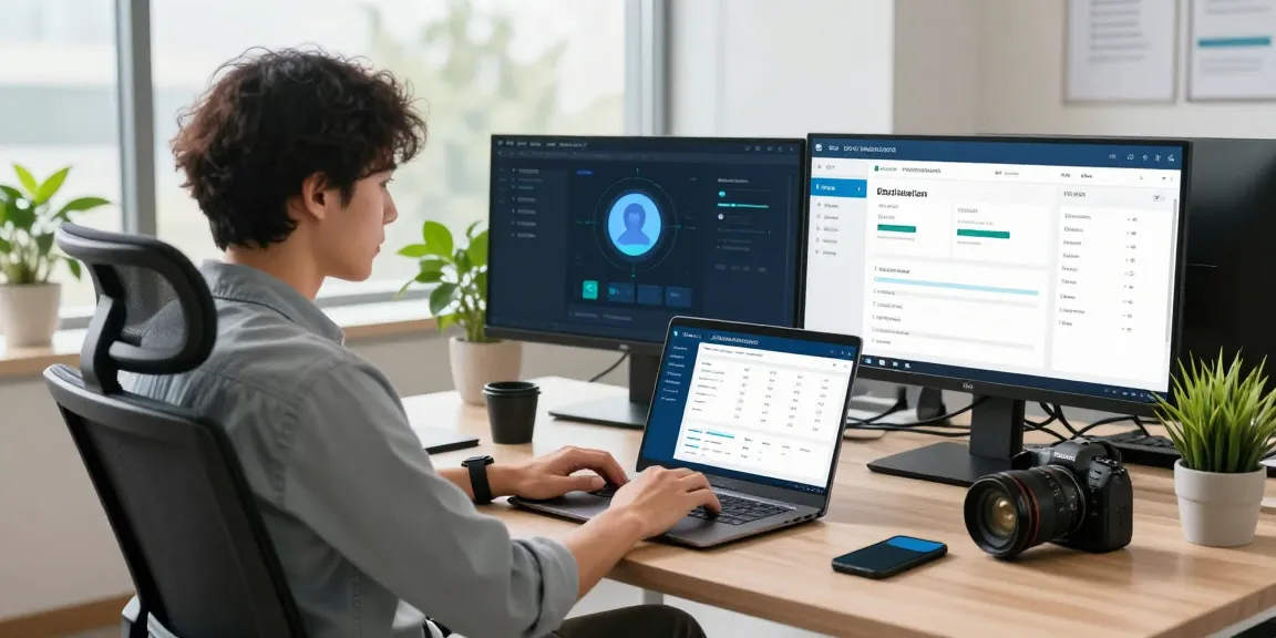 Efficient workspace showcasing an age verification system with advanced tech setup.