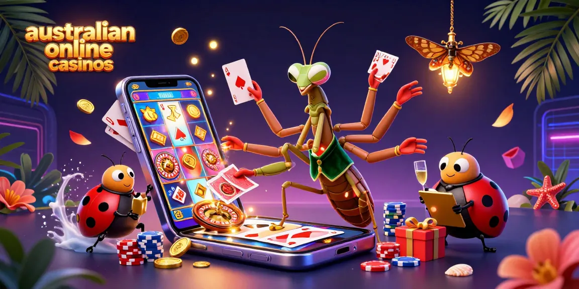 A dynamic 3D scene illustrating a mantis card sharp and ladybug pit boss amidst vibrant australian online casinos elements, showcasing slot games and casino fun.