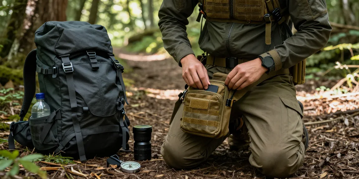 Small tactical medical pouch for belt displayed in outdoor scene, showcasing emergency preparedness in nature.