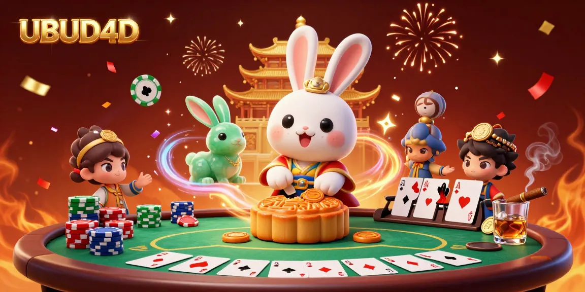 Experience exhilarating casino fun at UBUD4D with a vibrant moon rabbit scene filled with poker chips and golden treasures.