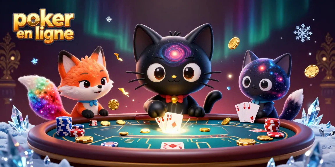Jouez au poker en ligne avec des personnages dynamiques attirant des jetons d'or et des cartes colorées.