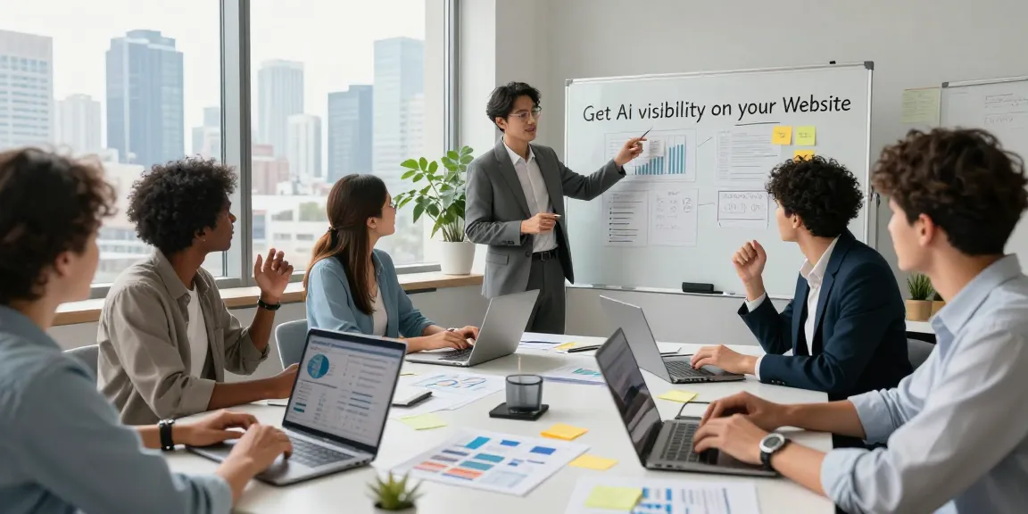 Team collaborating to Get Ai visibility on your website in a modern office setting.