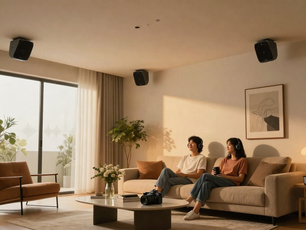 Stylish نشیکی اسپیکر سقفی in a modern living room setting with a couple relaxing and enjoying music.