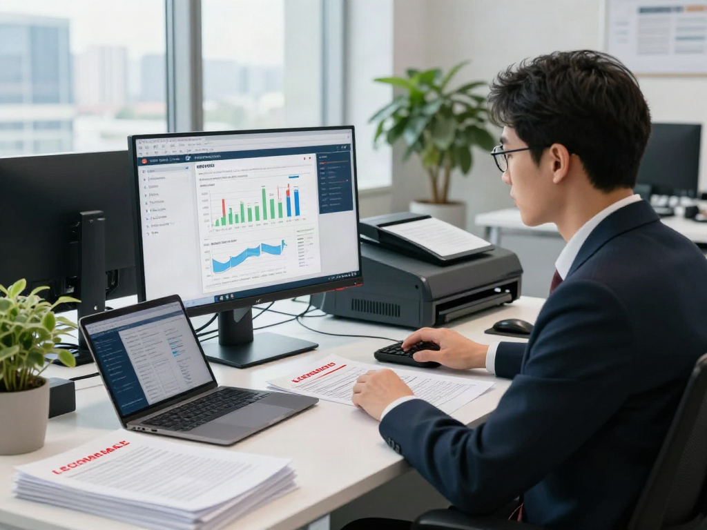 Document fraud detection software interface in a modern cybersecurity office with data analyst reviewing digital documents.