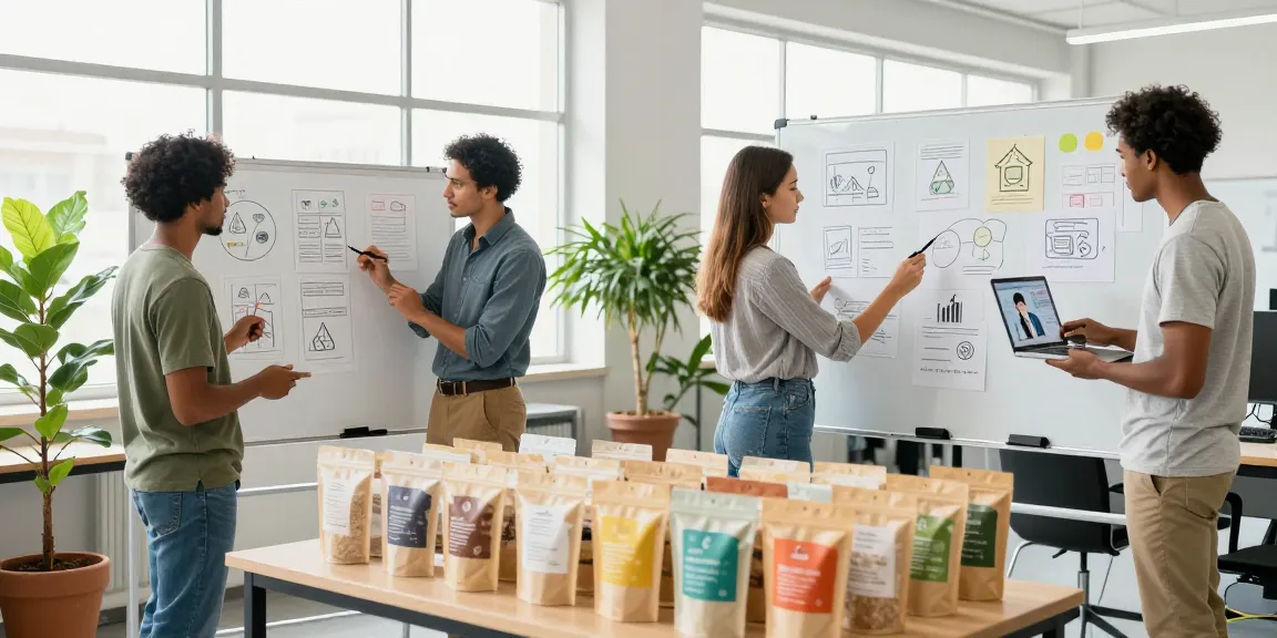 Collaboration in a packaging facility designing recyclable stand up pouches with eco-friendly elements.