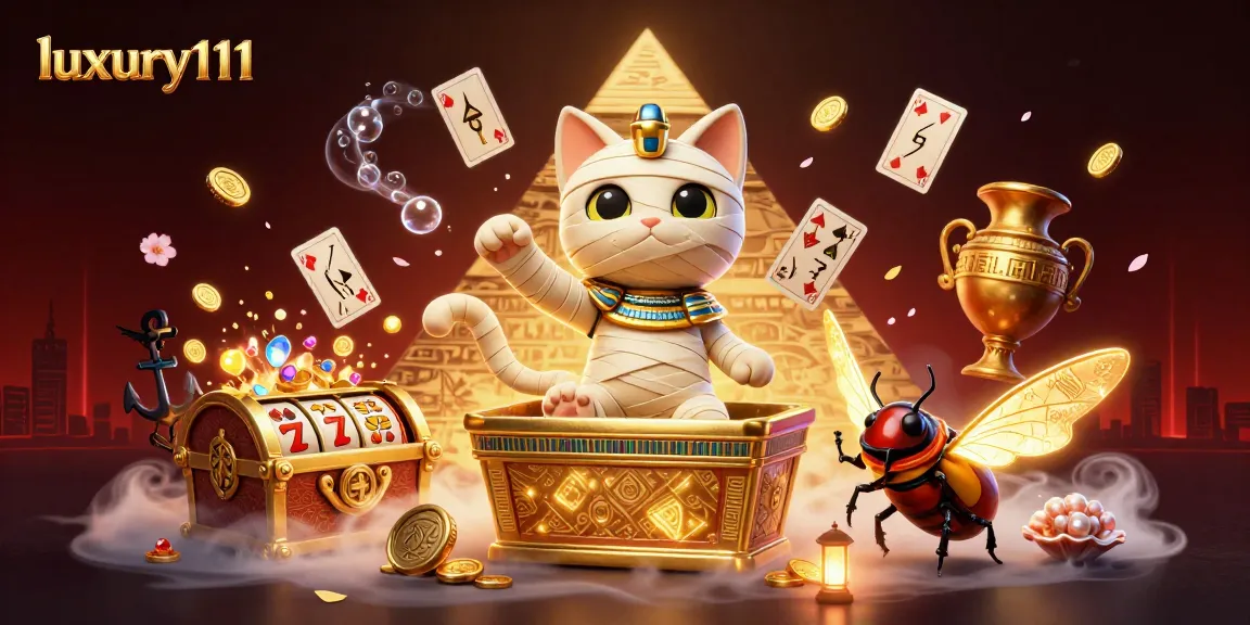 Experience thrilling gameplay with luxury111 featuring a dynamic scene of a mummy cat and croupier in a pyramid casino.
