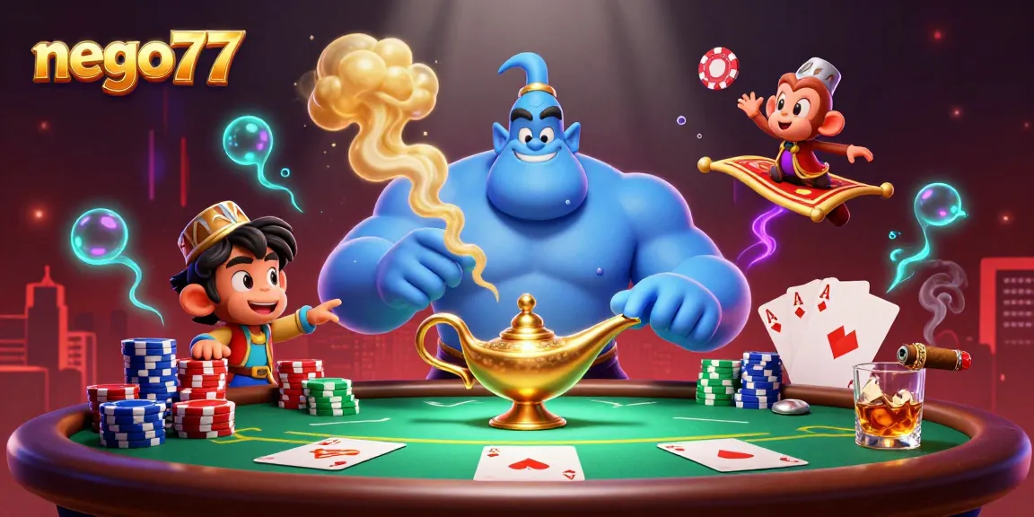 Experience thrilling wins at nego77 with a lively scene featuring our mascot genie and poker elements.