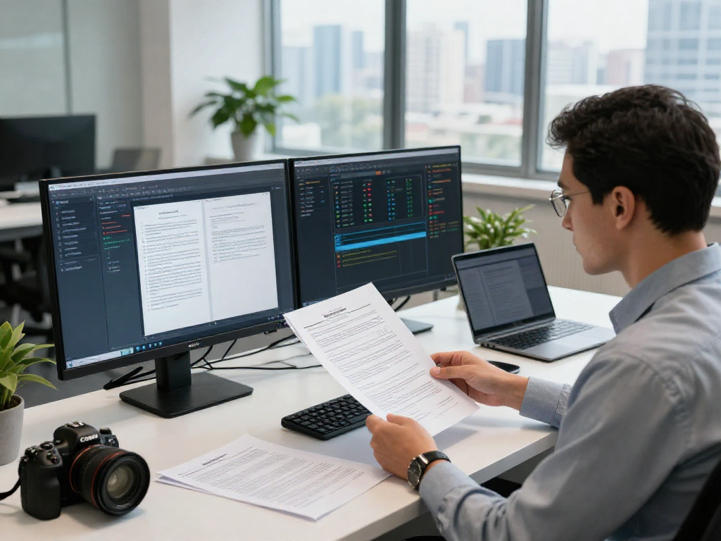 Analyst performing document fraud detection using advanced software tools in a modern office setting