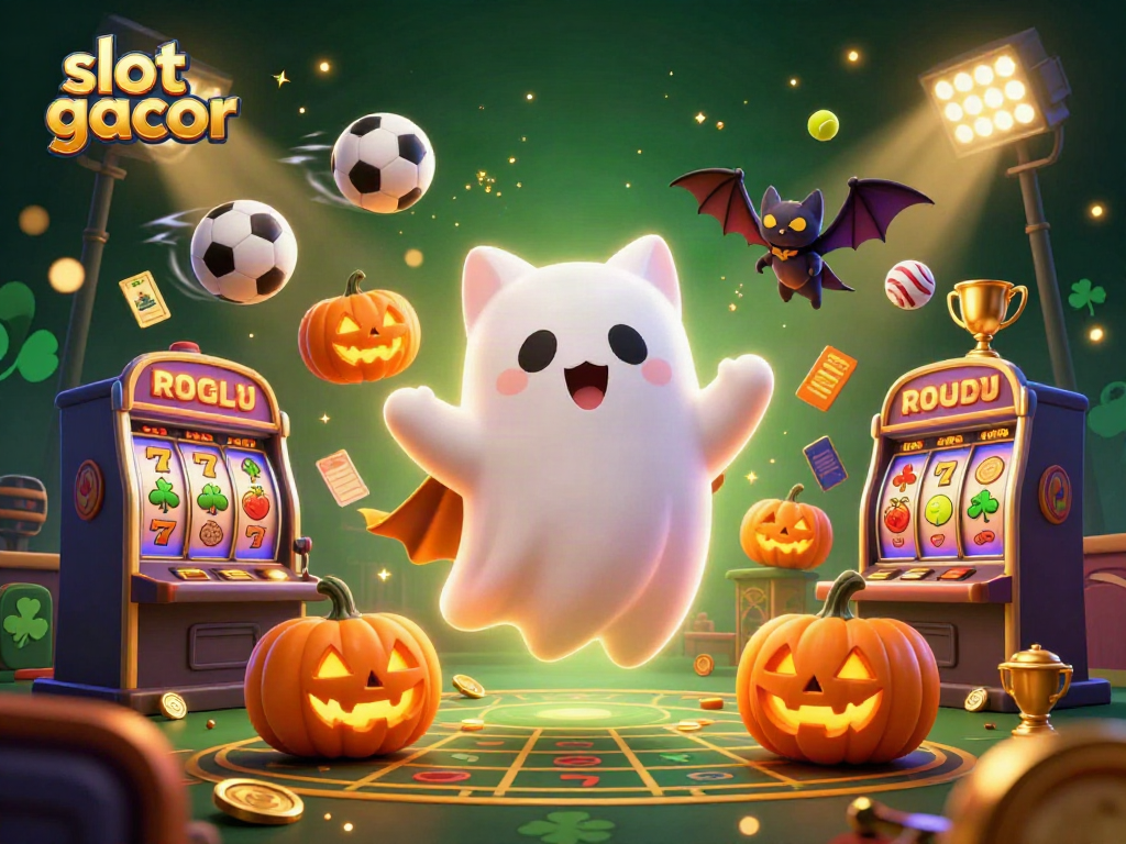 Engage with slot gacor in this dynamic 3D illustration featuring a ghost cat and flying gaming elements.