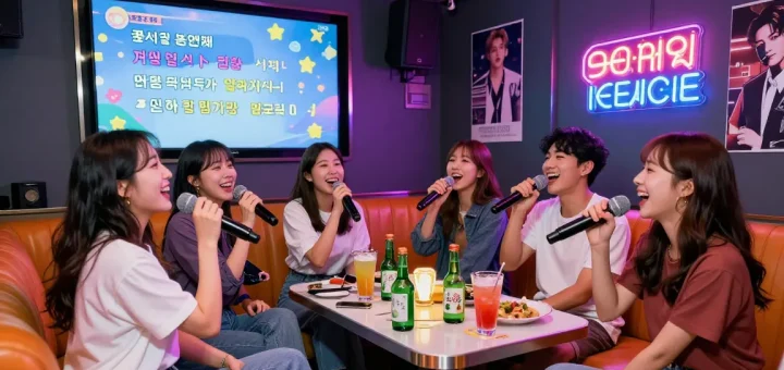 Friends enjoying 강남가라오케 in a colorful karaoke room with vibrant lighting and drinks.